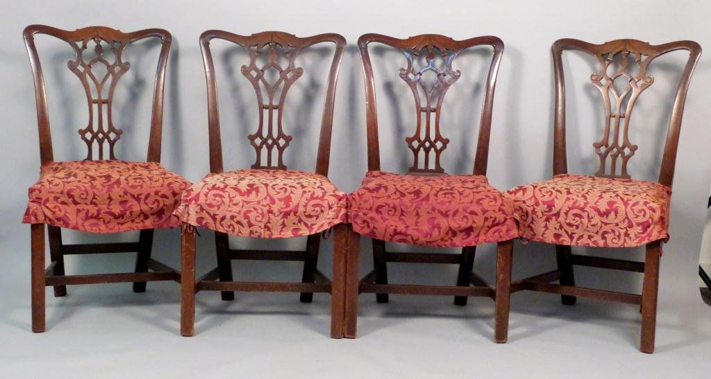 Set of 4 Chippendale Style Side Chairs: Slip seats, carved mahogany. Open carved backs with H" stretchers. By John Stuart Inc. 19 1/2"W X 17"D X 38"H. (535 East 86 Street Estate)"
