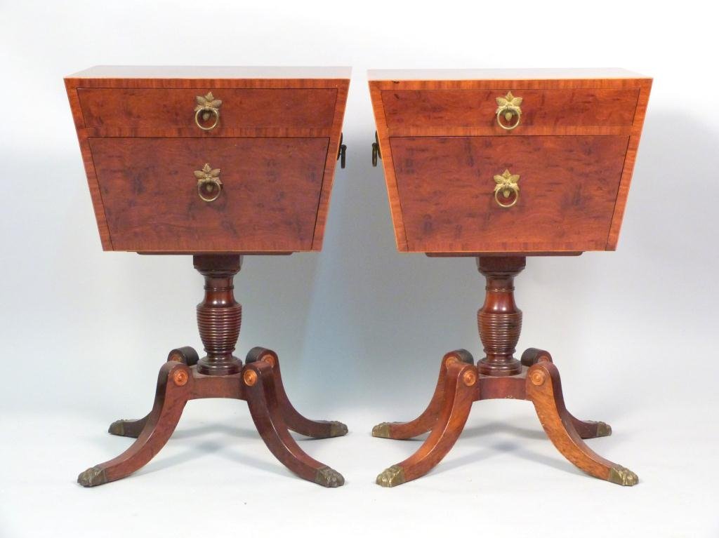 Pair Schmieg & Kotzian Cellarette Form Lamp Tables: Angular shapes of inlaid and burled mahogany on turned posts above splay leg brass capped bases. One heavy scratch on top (left). 19W X 14"D X 28"H (535 East 86 Street Estate)"