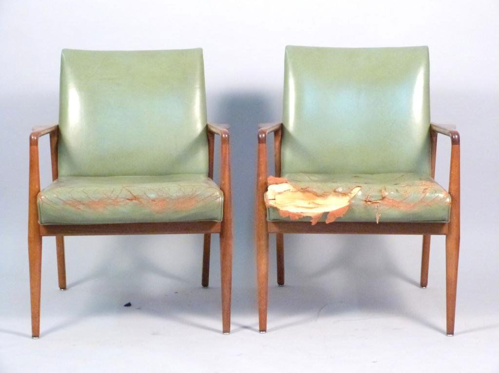 Pair Mid Century Arm Chairs - by Stow & Davis: Stow & Davis, Grand Rapids. Needs re-upholstering. 25W x 23 1/2"D x 32"H (535 East 86 Street Estate)"
