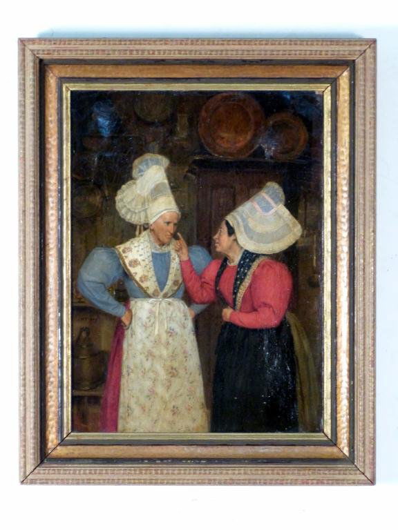 John Martin Tracy (American-1843-1893) - Oil: Oil on Canvas - 2 Puritan Women in kitchen. Signed middle left (above jug). 19 1/2W x 14 1/2H (26 x 21 1/2") (Kew Gardens Estate)"