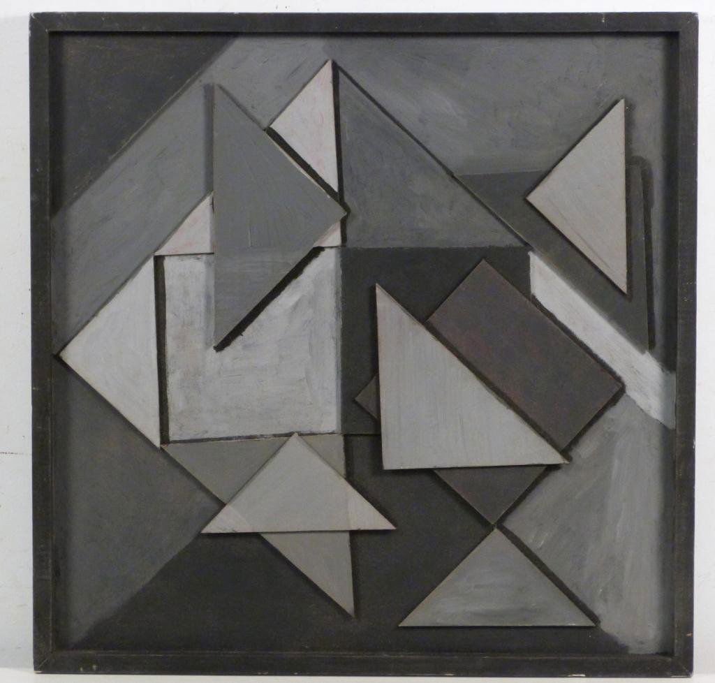 Henryk Stazewski, (Polish, 1894-1988) - Mixed: Mixed Media - Grey and black and white mixed media abstract. Label applied to back upper right. 27 1/2H x 17 1/2"W (An Illinois Estate)** Updated photograph. This item is 3-dimensional.