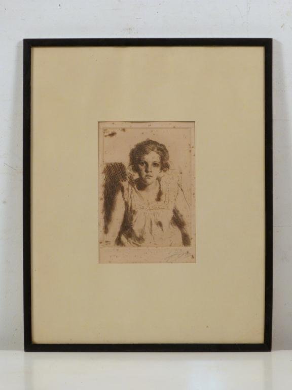 Anders Zorn - Etching - Portrait of a Girl: Signed lower right. Dated 1914. 9H x 6 1/2"W (20 1/2"H x 16 1/2"W) - Foxing on paper. (535 East 86 Street Estate)"