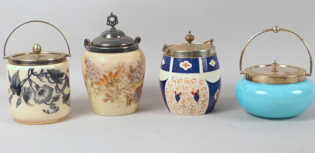 4 English Biscuit Jars: 2 Milk Glass and 2 Porcelain. Tallest is 8"H (535 East 86 Street Estate)
