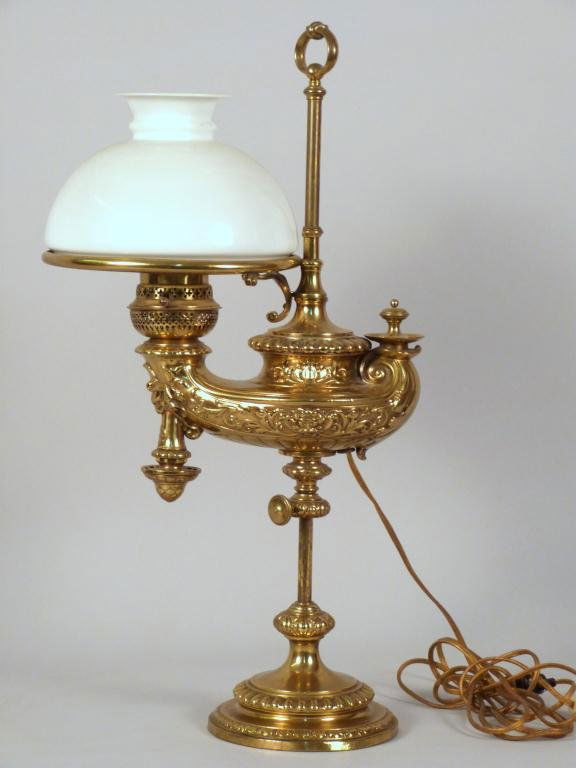 Shreve, Crump & Low Student's Lamp: Milk Glass Shade. Oil Lamp Style Font. By Shreve, Crump & Low, Boston. 22"H (535 East 86 Street Estate)