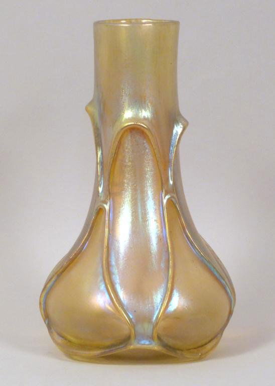 Loetz Art Glass Vase: Favrille and Gilt coloring. Signed on base Loetz Austria. 5 1/2"W x 9 1/2"H (535 East 86 Street Estate)