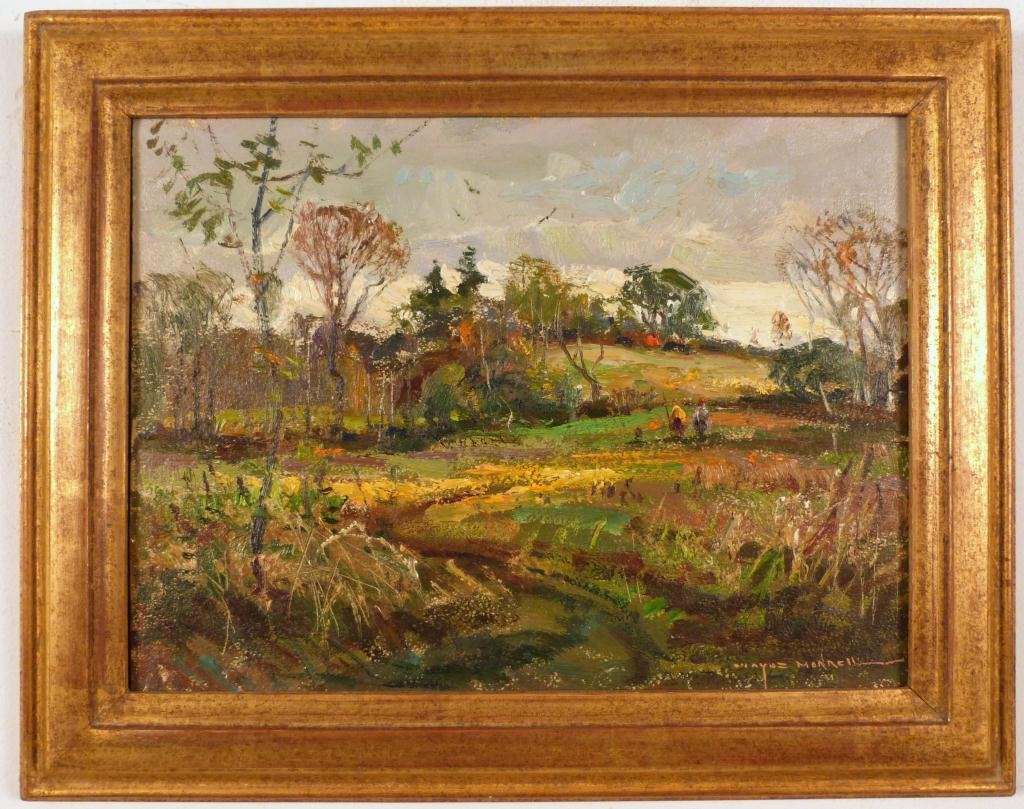 Wayne Morrell (American b.1923) - Oil on Board: Title on verso "An Impressionistic Sketch of the Ipswich Meadows" by Wayne Morrell. Signed lower right. 8 1/2"H x 11 1/2"W (12"H x 15"W) (535 East 86 Street Estate)