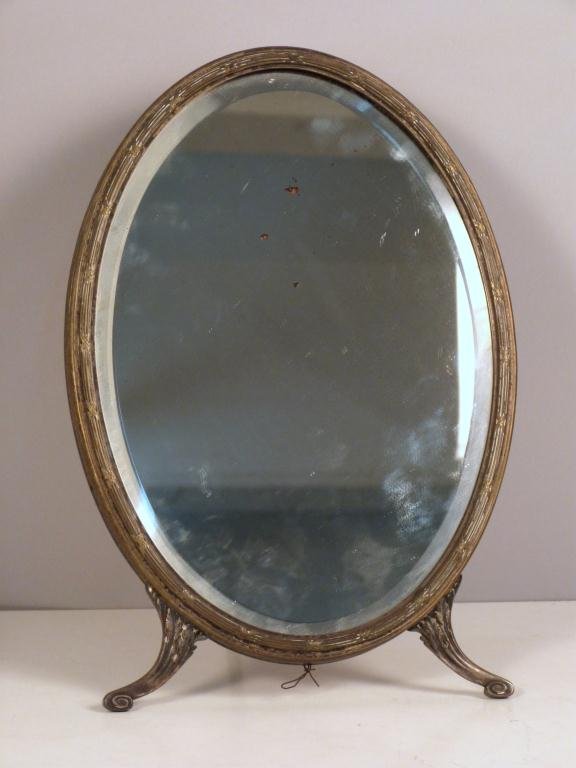Adam Style Silver Plated Easel Vanity MIrror: Oval frame. 13 tall."