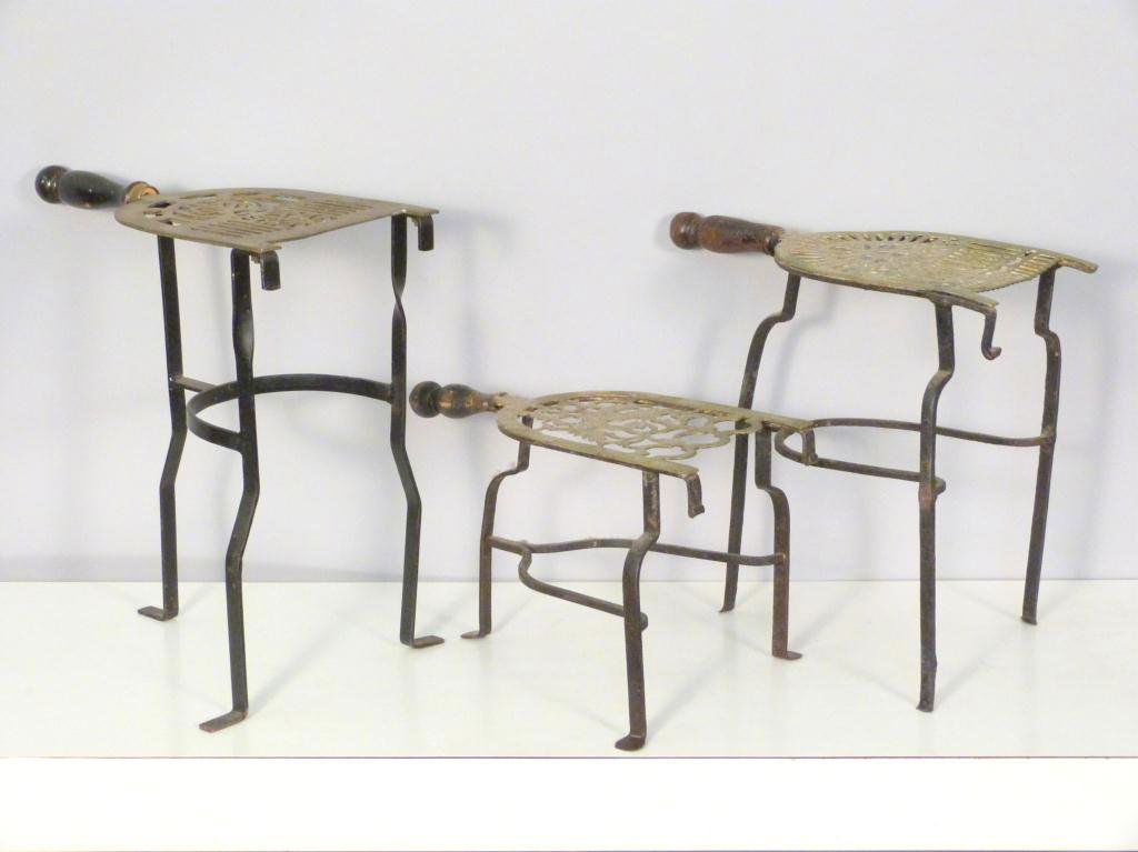 3 American Fireplace Trivets: Brass and Wood Handled Tops. Tallest: 14H (535 East 86 Street Estate)"