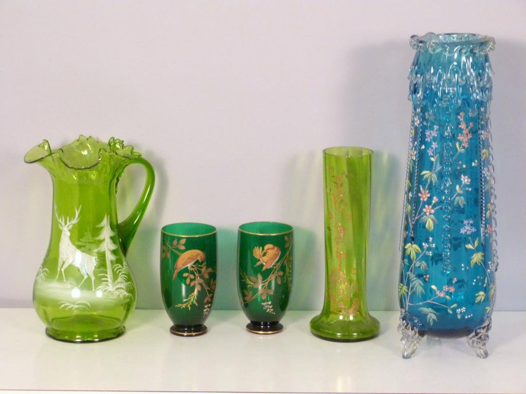 5 Venetian Enameled Glass Articles: Large blue vase repaired. Green vase possibly Mary Gregory American. Tallest 17H (535 East 86 Street Estate)"