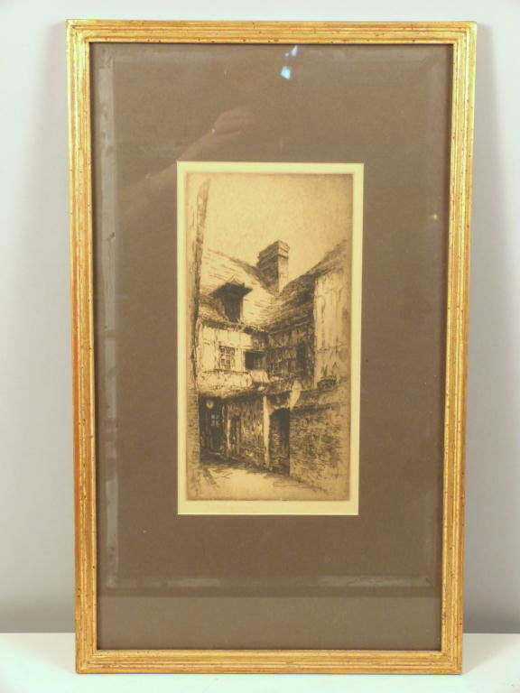 John Taylor Arms (American 1887-1953) - Etching: TItled Courtyard." Signed and Dated Lower Right, 1917. Dedicated to Eugene Higgins 1920. 11"H x 5 1/2"W (22"H x 13"W) (535 East 86 Street Estate)"