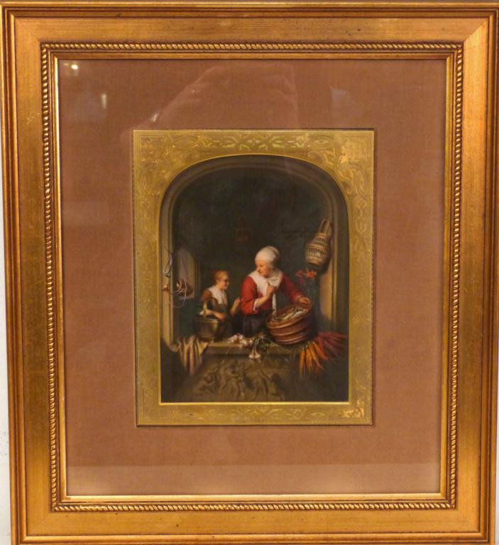 Framed Continental Porcelain Plaque ***: Woman and Daughter with Fish. Attributed to KPM. Gilt Incised Interior Frame. 10H x 7 1/2"W (20" x 19") *** Description and photo update *** The gilt incised interior frame is Dore Bronze.