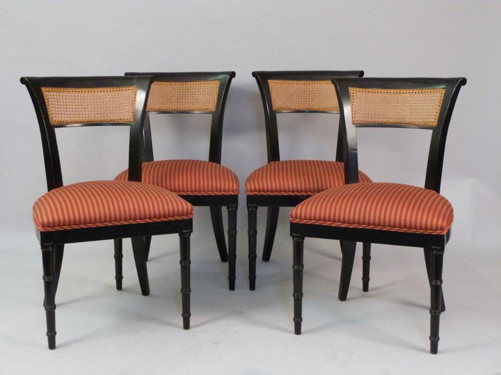 Set of 4 Cane Back Side Chairs: Ebonized Wood With Caned Back and Red Striped Upholstery. Good Condition. 19 1/2W x 18"D x 32 1/2"H"