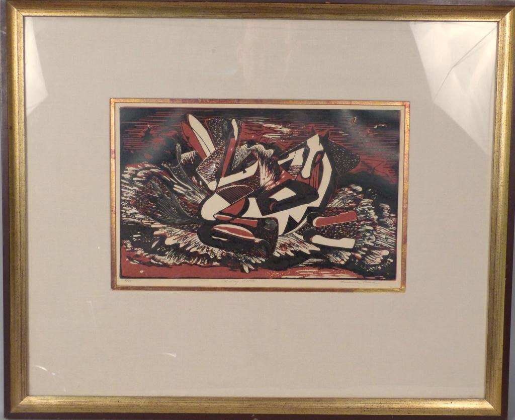 Roderick Mead - Woodcut - Rolling Horses"": framed and matted under glass. 9 X 14" (20" X 24")"