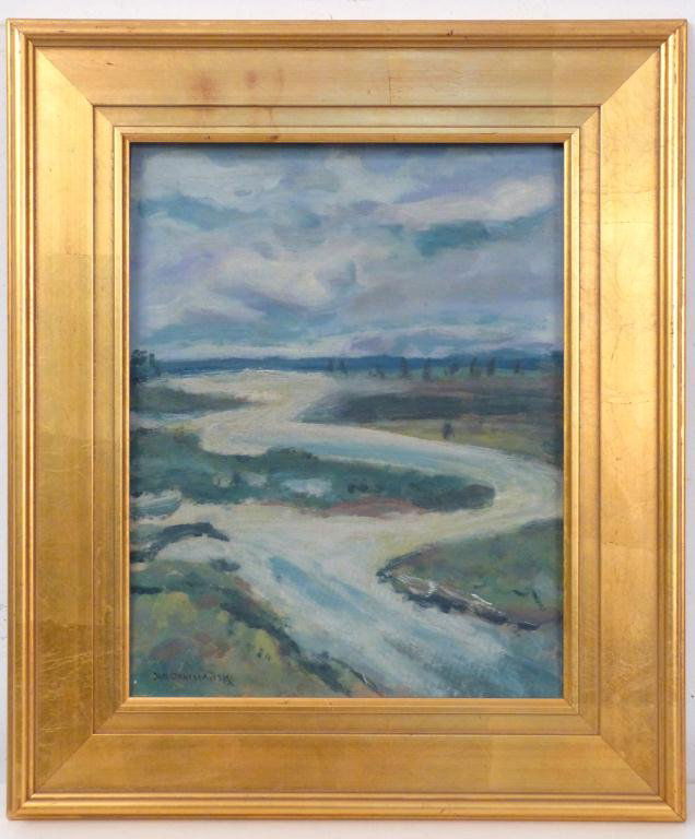 Jan Stanislawski (Poland 1860-1907) Oil on Board: River Landscape. Signed Lower Left. 14H x 11"W (19 1/2" x 17")"