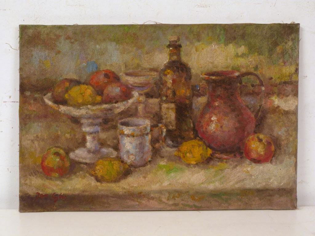 Jan Cybis (Polish 1897 - 1972) Oil on Canvas: Table Still Life of Fruit. Signed Lower Left. 16H x 23 1/2"W"