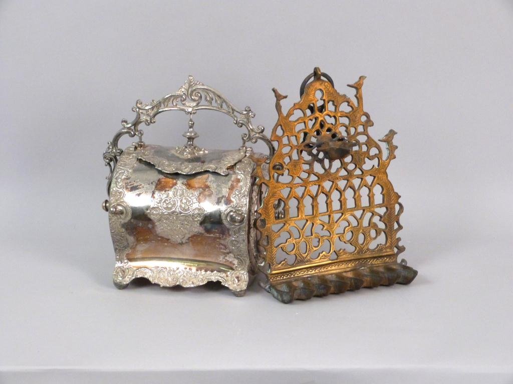 Brass Oil Menorah and Silverplated Bun Warmer: 10H"