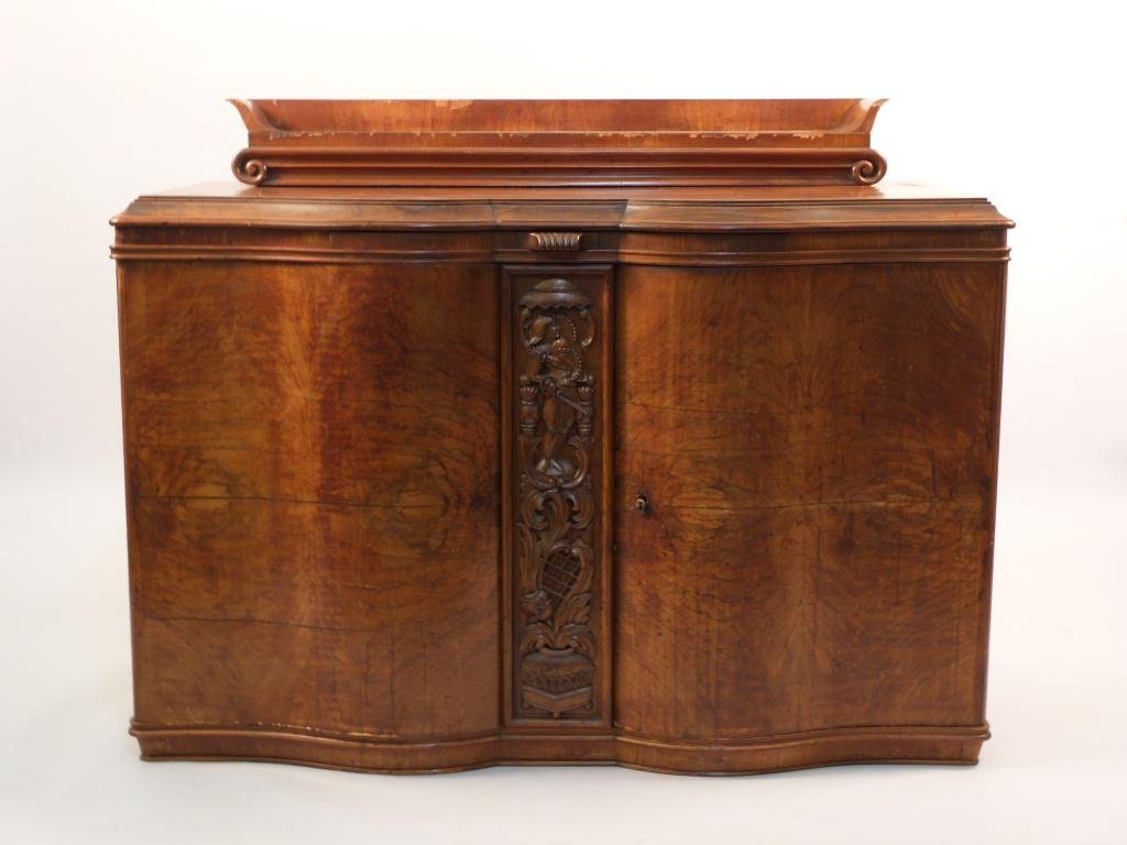 Art Deco Burled Door Front Credenza: Center carved figural panel, veneer losses. 50L x 22"W x 38"H"