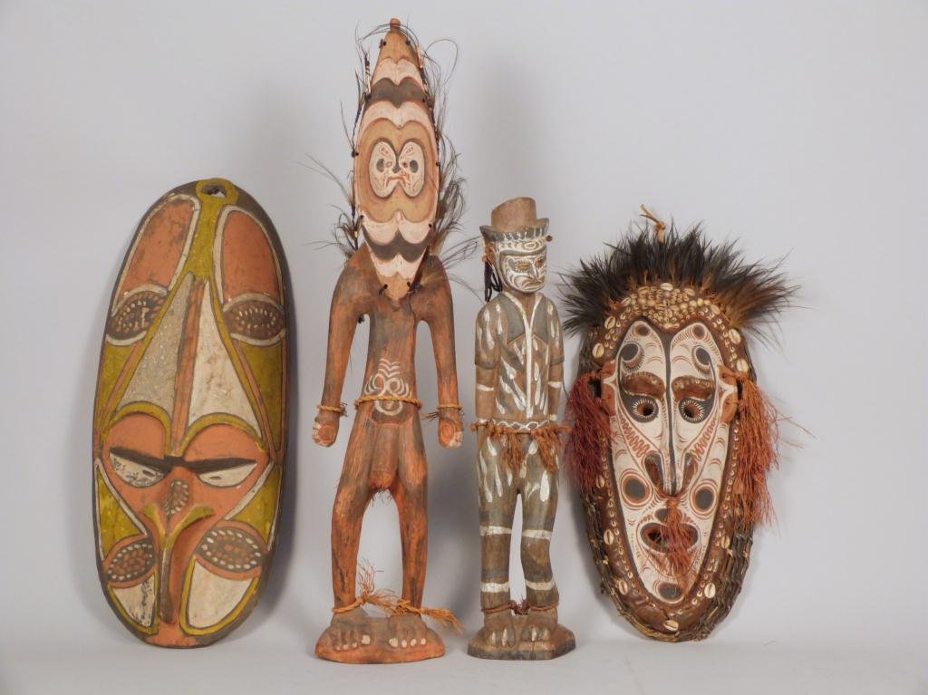 4 African Carved Figures and Masks: String, Straw and Shell Mounts. Tallest is 27H. One ex-collection Alexander Raydon."