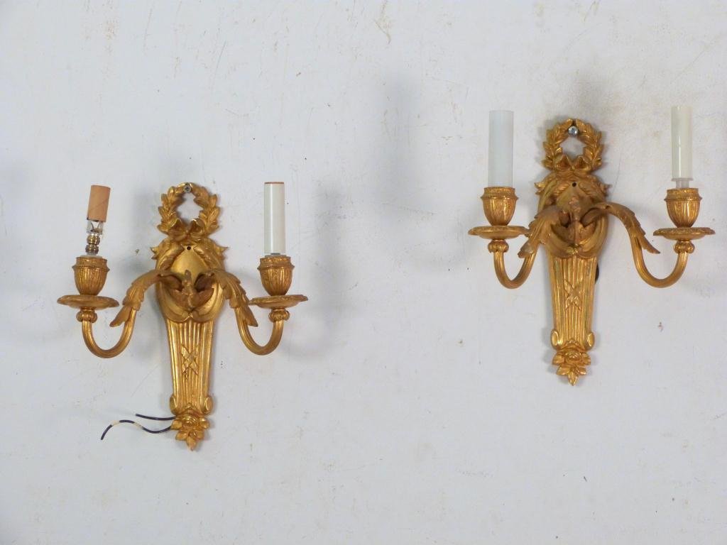 Pair of French Bronze Two Armed Sconces: Feather and Bow Back Plate. 10W x 5"D x 11 1/2"H"