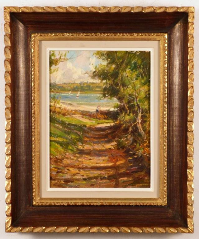Wayne Morrell (American b.1923) - Oil on Canvas: Dedication on Verso. Titled Path Toward the Sea" 1965. 11"H x 8 1/2"W (18 1/2"H x 15 1/2"W) (535 East 86 Street Estate)"