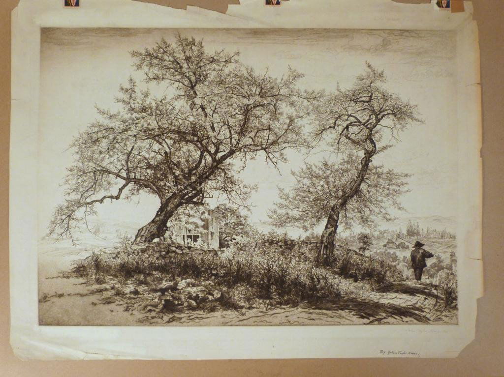 John Taylor Arms (American 1887-1953) - Etching: Landscape with Farmer. Image - 14H x 20"W. Paper - 17"H x 22"W (535 East 86 Street Estate)"