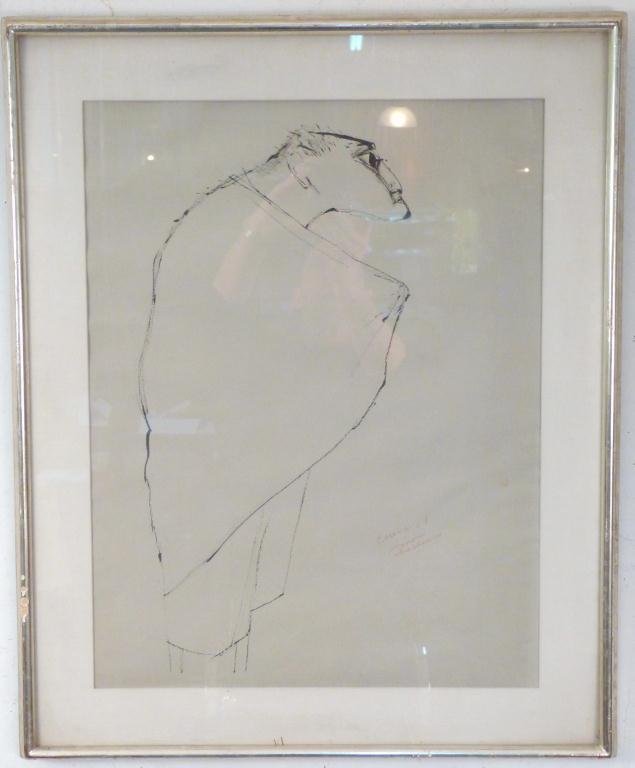 José Luis Cuevas (Mexico, b. 1934) - Pen and Ink: Study of a Caped Man. Signed in Red Pencil. Dated '54. 23H x 18"W (30" x 24")"