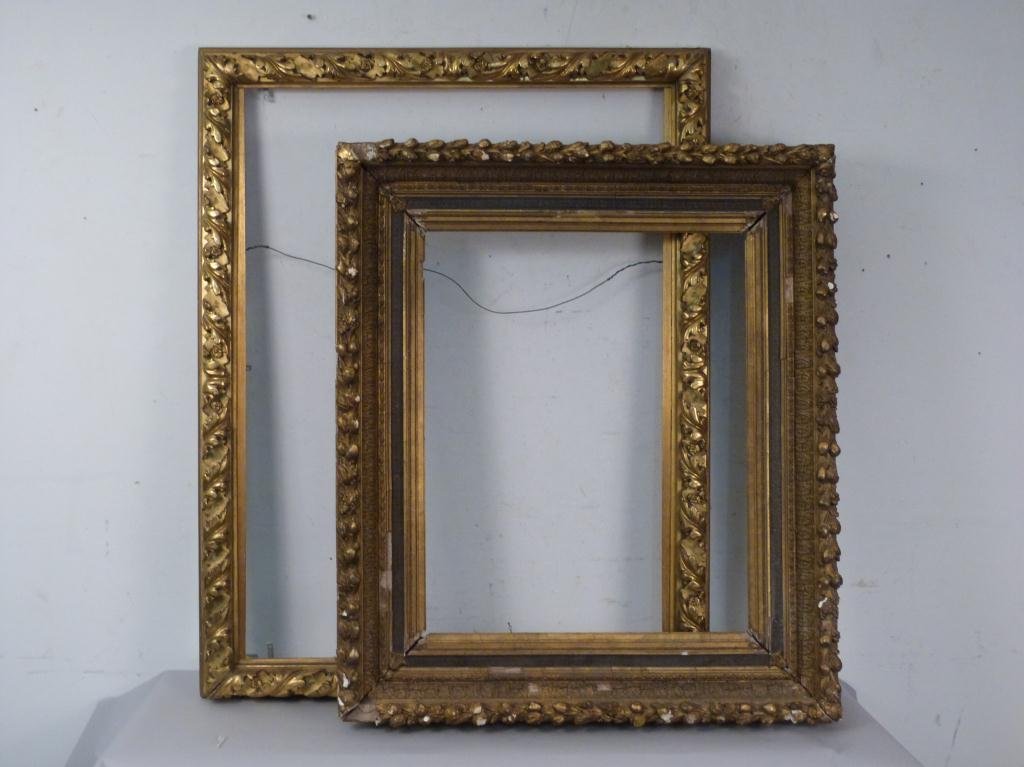 Two Antique Gilt Frames: Smaller Made of Gesso - Opening: 27H x 22W" (33" x 38") Larger is Gilt Carved Wood - Opening: 29 1/2"W x 39H (45" x 35") (missing some rosettes)"