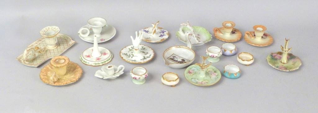 Assorted Table Porcelains: Nut Dishes, Chamber Sticks, etc.
