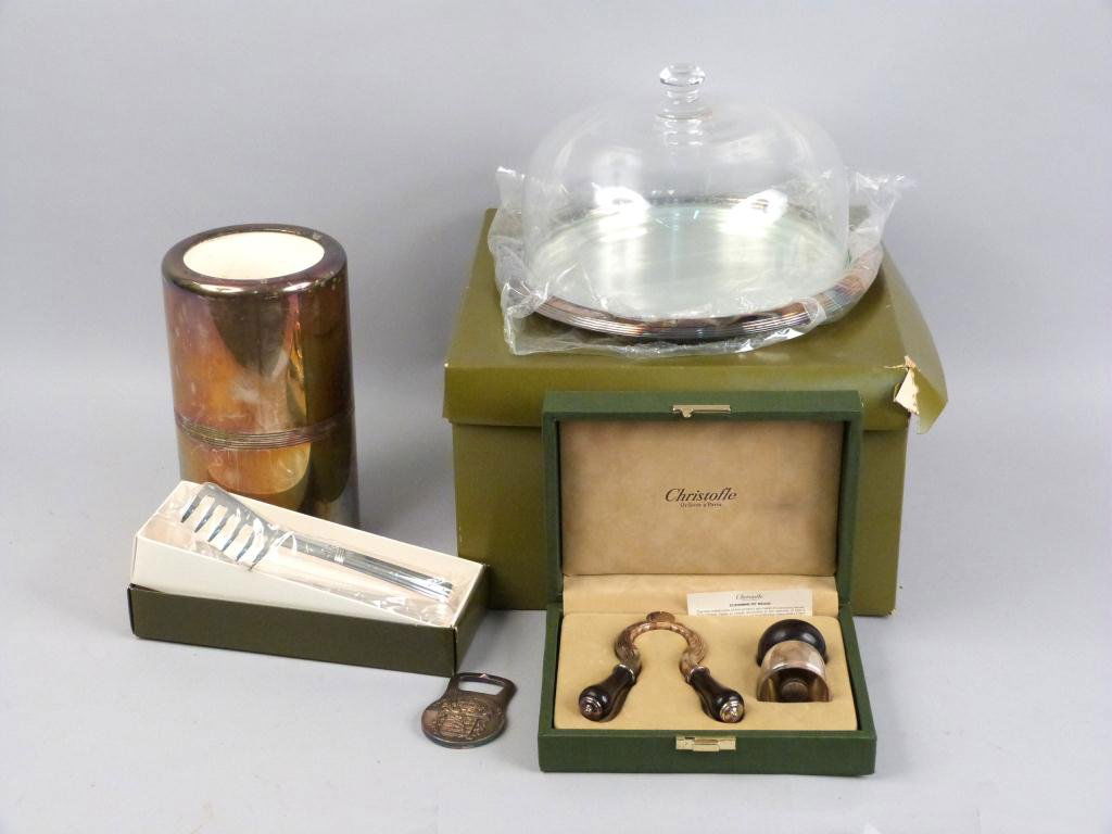 Assorted Christofle Table Articles: Cake Dish, Wine Cooler, Wine Set, etc. Some in boxes.