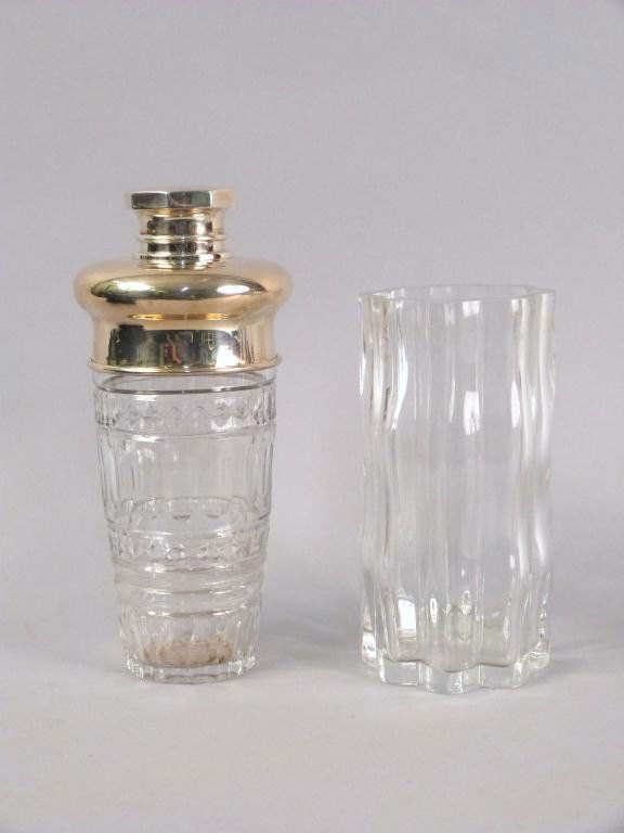 Crystal & Sterling Shaker & Orrefors Vase: Shaker chipped along bottom rim,10 tall, Vase 8" tall"