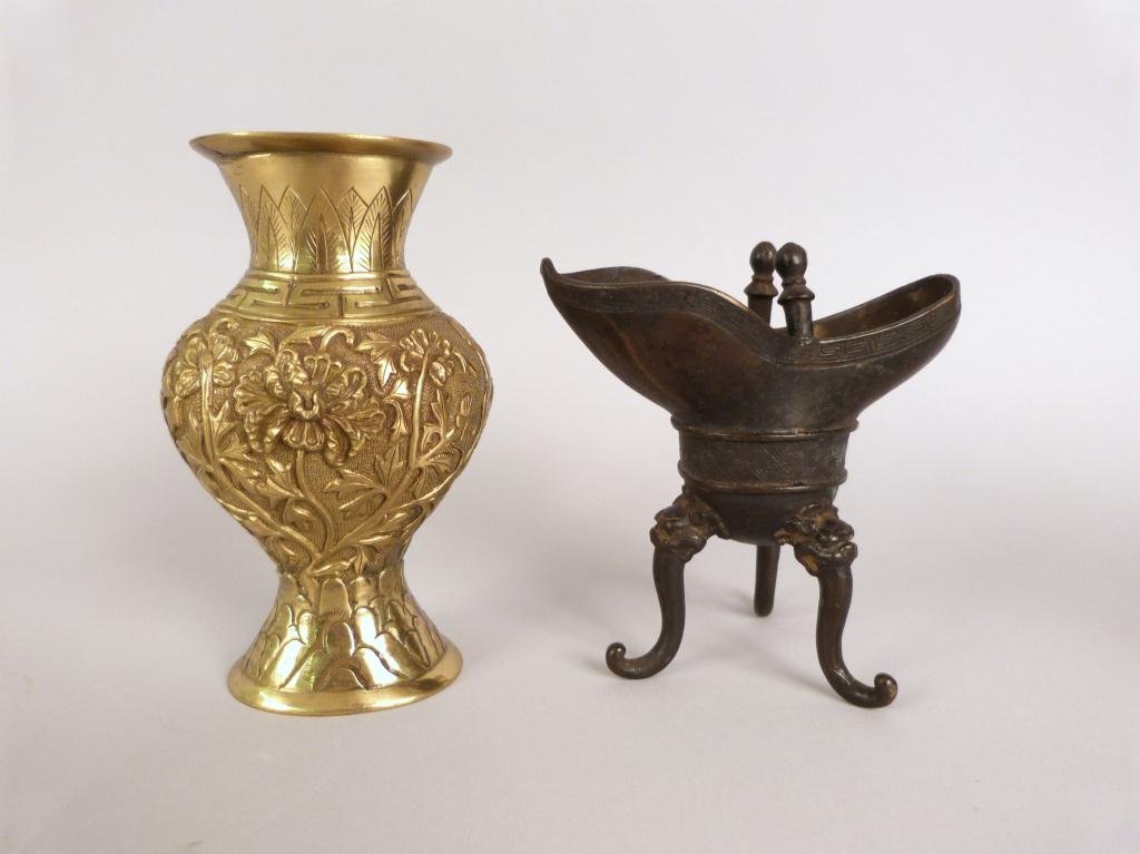 2 Chinese Bronze Vessels: Gilt bronze vase (6" tall) and 3 footed pitcher (5" tall).