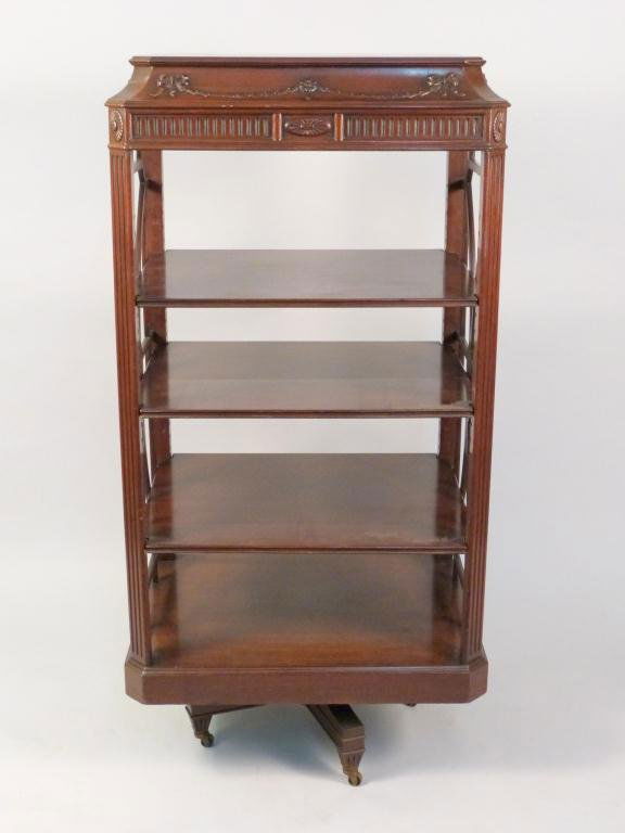 Regency Style Revolving Book Case: Detailed carved corners and side harps. 24 1/2W x 19"D x 50"H"