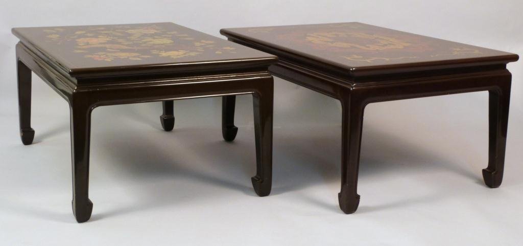 Pair Orientalist Cocktail Tables: Painted tops depicting Peacock and Bats. 36 X 24" X 17" tall."