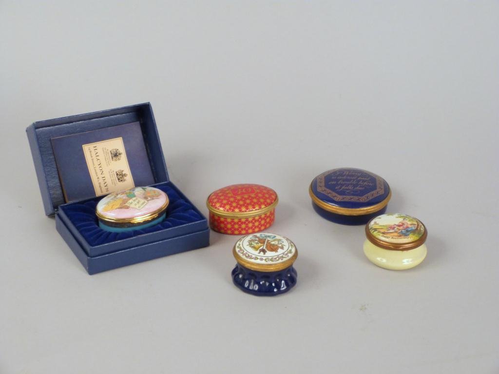 5 English Enamel Pill Boxes: Halcyon Days & Battersea. One being a music box.