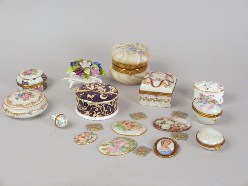 Assorted French & English Porcelains: Limoges, Wedgwood Pill Boxes and Plaques. 1 As is.
