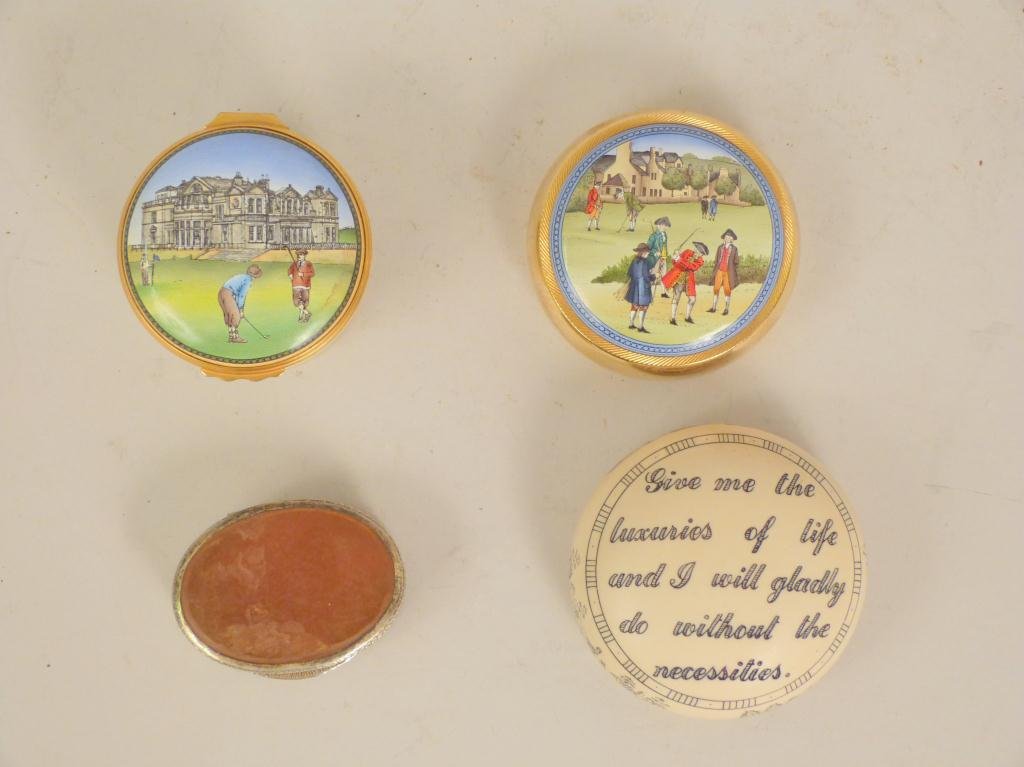 2 Pillboxes & 2 Paperweights: Including Halcyon Days Pillbox and paperweight. Box silver mounted.