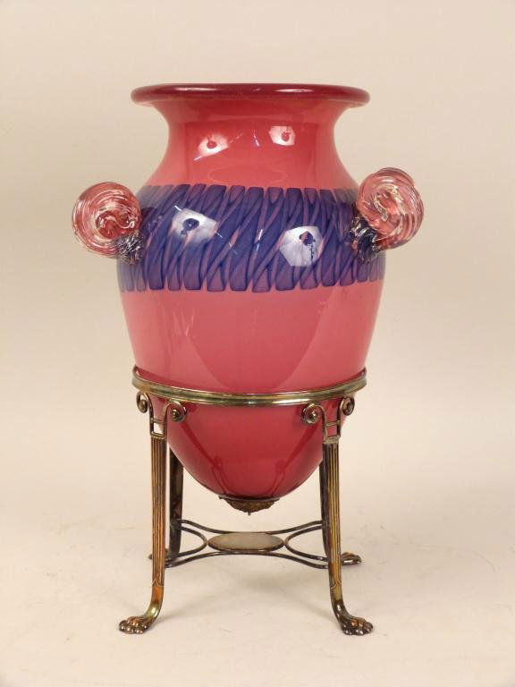 Murano Glass Amphora Vase on Stand: Amphora style with blue weave and white case inside. 10W x 17 1/2"H total"