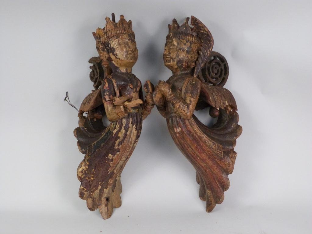 Pair Antique Thai Architectural Elements: Figural painted and carved. One hand as is. Approx 24H x 14"D"