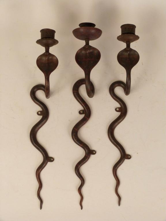 Set of 3 Bronze Cobra Form Candle Sconces: Incised and cold painted. Cobra head top unscrews from wall mount. 21H, Vienna Bronze Styling."
