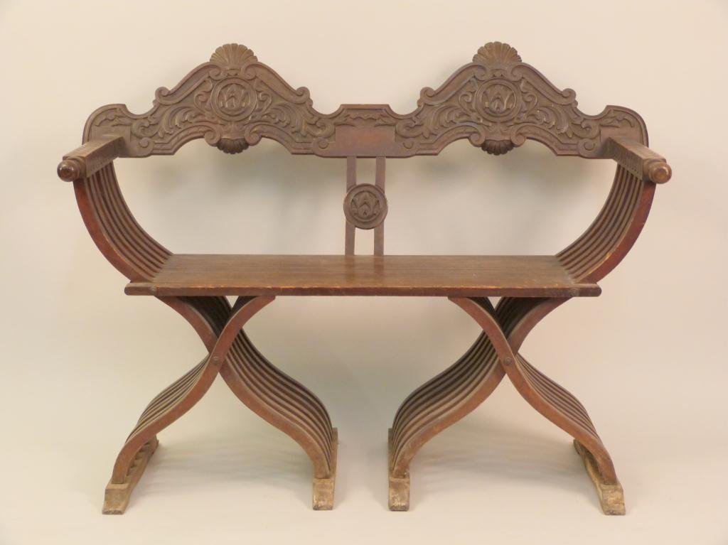 Savanarola Carved Settee: Double Chair Back and Base. Base runners need restoration. 52L x 21 1/2"W x 37 1/2"H"