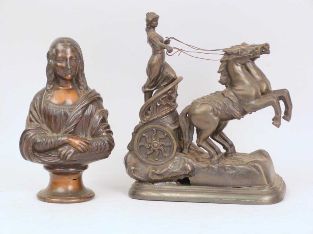 Patinated Metal/Spelter - Mona Lisa & Chariot: Mona Lisa - 10 1/2H. Chariot (As is) - 9 1/2"x 4"D x 12"H"