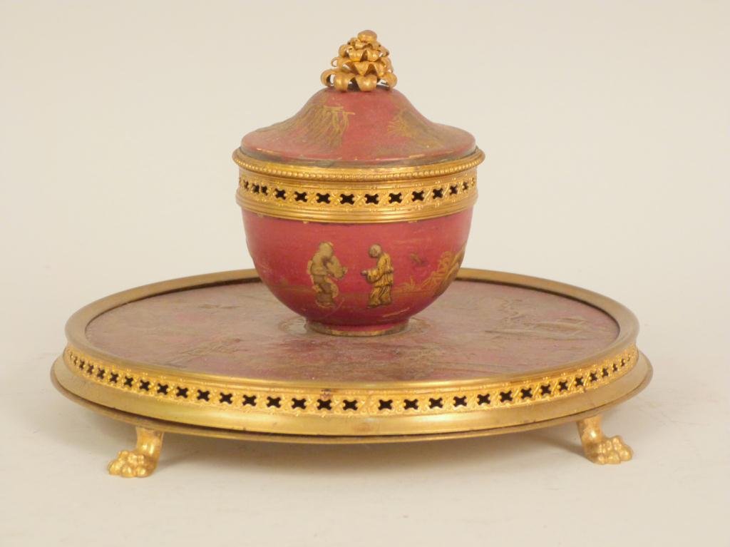 English Chinoiserie Inkwell: Gilt Bronze and enameled tole. Missing well. 7 1/2D x 5"H"