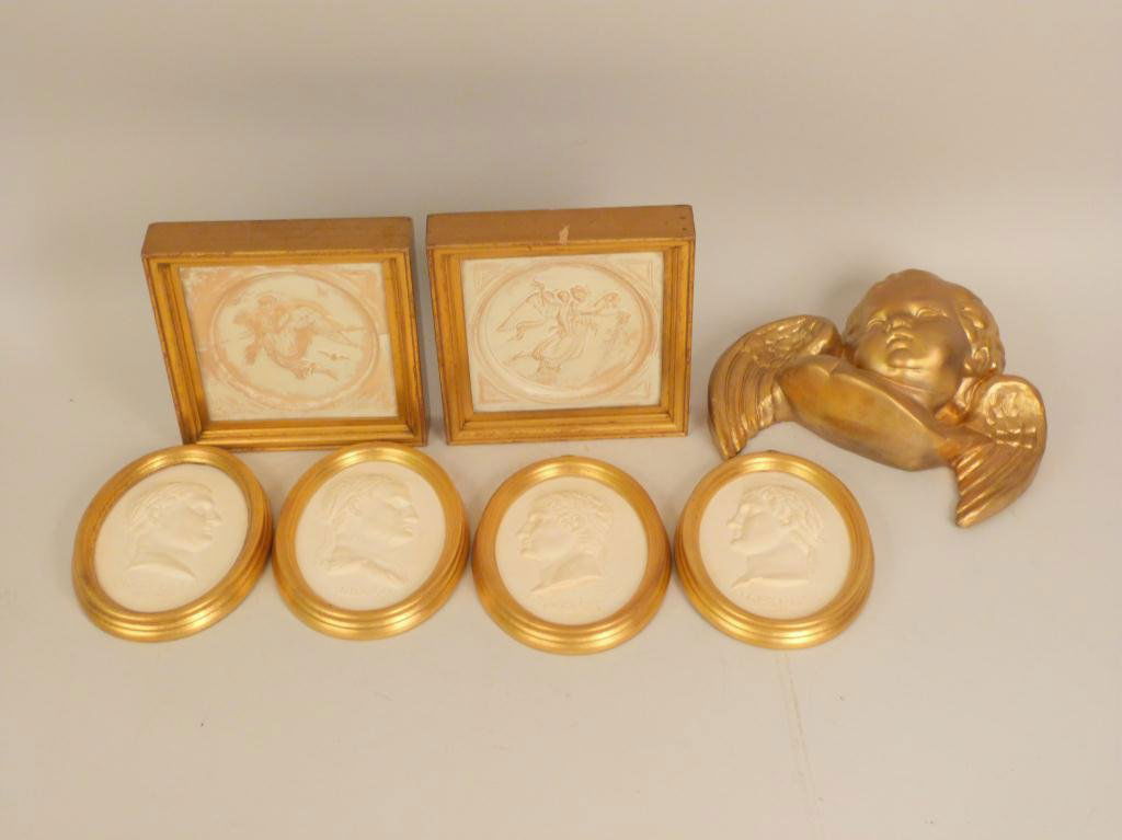 7 Neo Classical Style Ceramics: Gilt Plaster Cherub (11 1/2W x 7 1/2"), 2 gilt framed plaster tiles (8" square), 4 gilt framed oval plaster wall plaques depicting Roman emperors(8"H x 6"W). Otho is cracked."