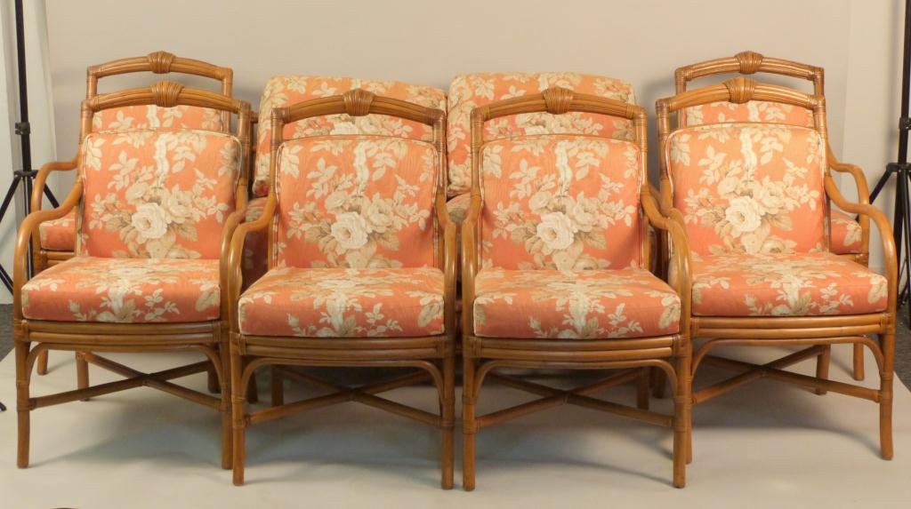 8 Piece Rattan Patio Suite: Cushions on loveseat, Set of 6 Chairs with upholstered backs and pad seats, and 2 tier console. Loveseat 53 L X 27" D X 29" H, Chair L 44" X D 17 1/2" X H 30 1/2" Console 56 1/2" L X 13" D X 36" H. Fr