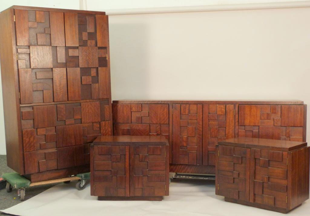 6 Piece Mid-Century Bedroom Set by Lane: Paul McCobb style, Triple Dresser 78L X 19" D X 30" D Armoire 38" L X 19" D X 64" H, nightstands 28" L X 16" D X 20 1/2" H, Mirror 51 12" L X 41 1/2" H, Headboard 60" L X 42" H, some scratches and nic