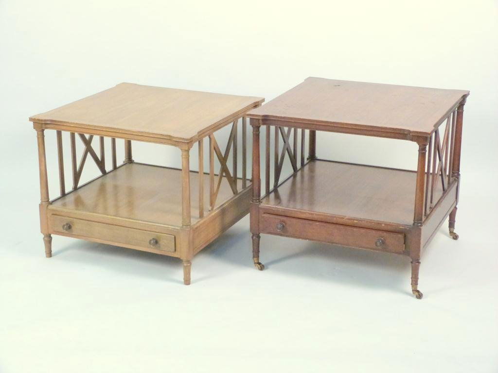 Pair of Sheraton Style Two Tier Lamp Tables: Mahogany, one with castors 23 H, one without 21" H, need refinishing. 25" Square. By John Stuart."