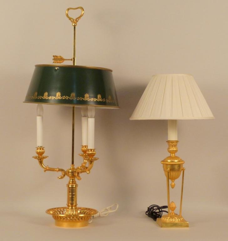 2 French Gilt Metal Lamps: 1 with tole shade, 31 H (taller one). From a Merrick, NY home."