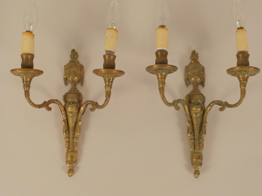 Pair of French Brass 2 Armed Sconces: Urn and valence finials, 14 H"