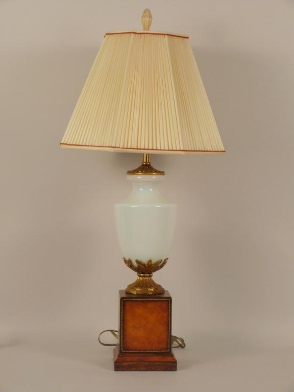 Maitland-Smith Vase Lamp: Opaline vase on tooled leather base, pleated shade 29 H (total). From a Merrick, NY home."