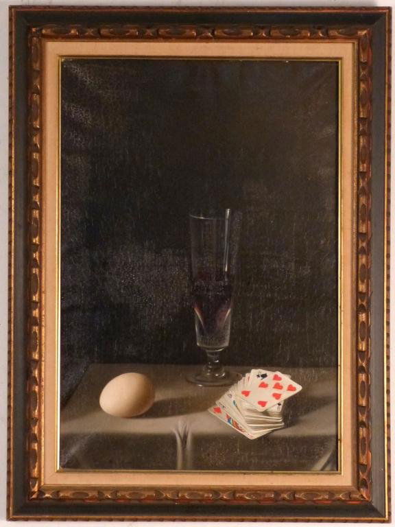 Fernand Renard (French 1920 - 1990) - Oil: Oil on canvas - Still life with playing cards and egg. 21 X 14 1/2" (27" X 20")"